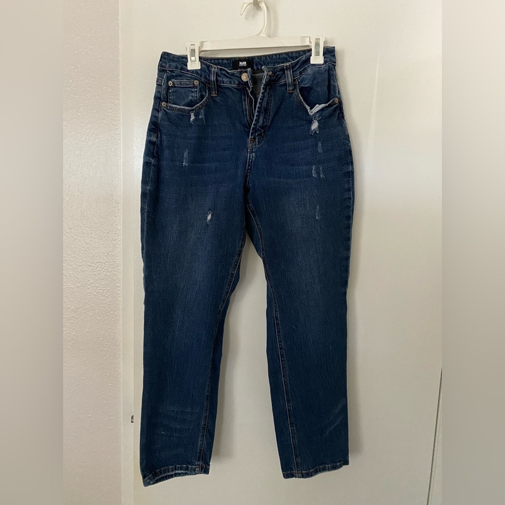 black label denim straight leg distressed jeans